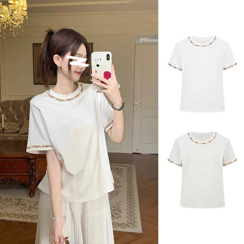 Moses Queen/魔西女王时尚串珠设计感圆领宽松显瘦百搭短袖T恤女