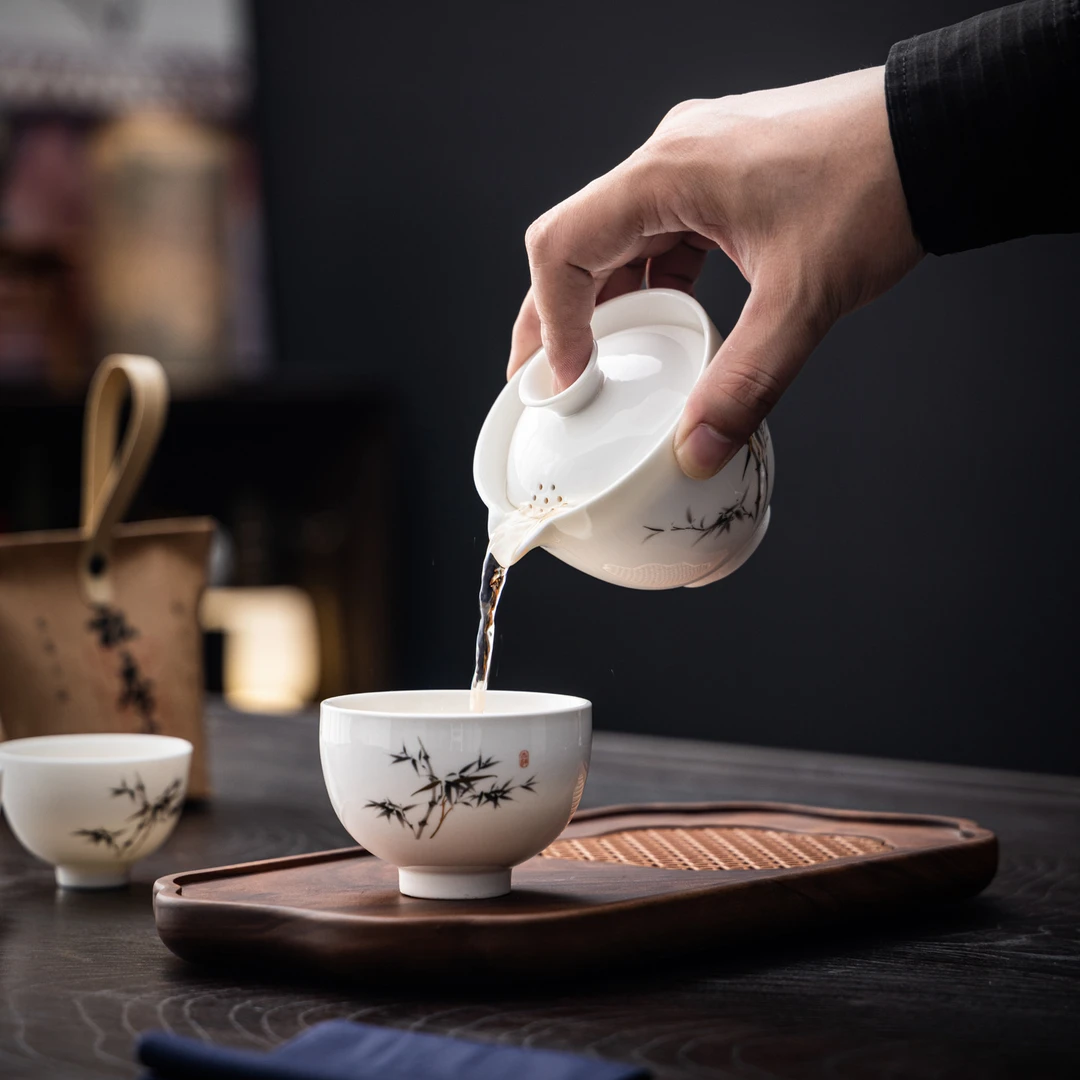 悬停羊脂玉旅行茶具泡茶盖碗悬浮功夫茶具高档三才大号茶碗三件套