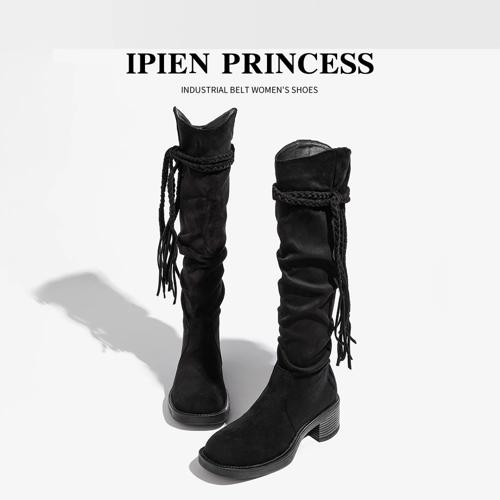 厚底粗跟川西旅游西部不过膝英伦骑士靴2025春秋黑色堆堆长筒靴女