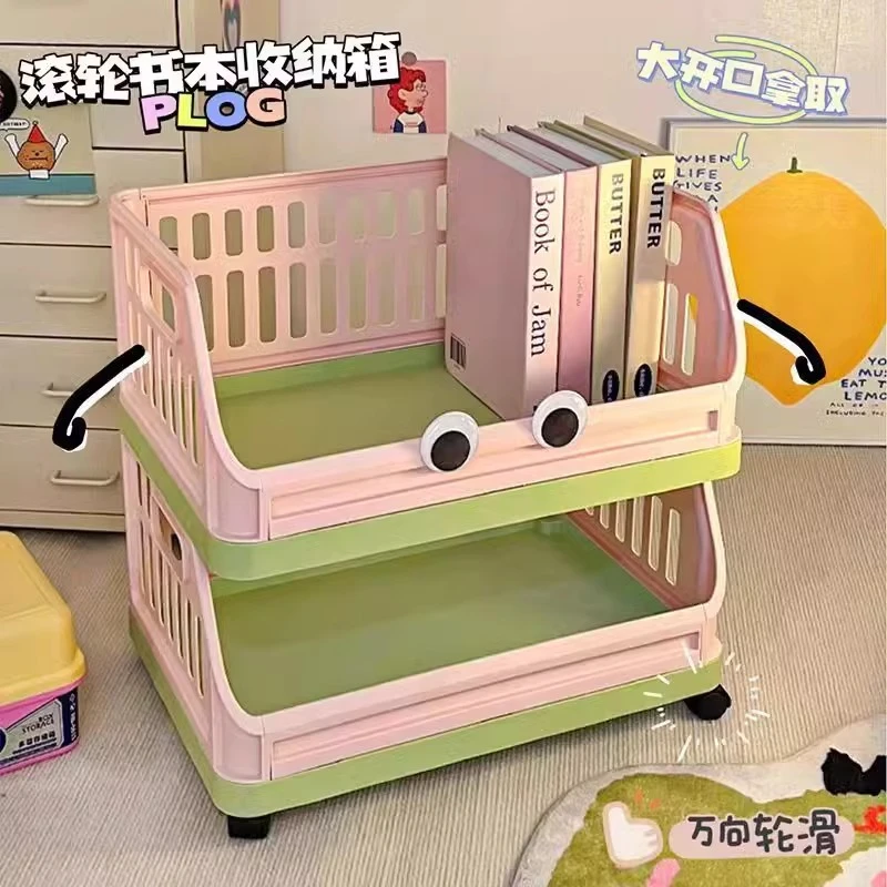 桌面收纳箱多巴胺桌下大容量带轮整理箱子学生大号书本书箱收纳盒