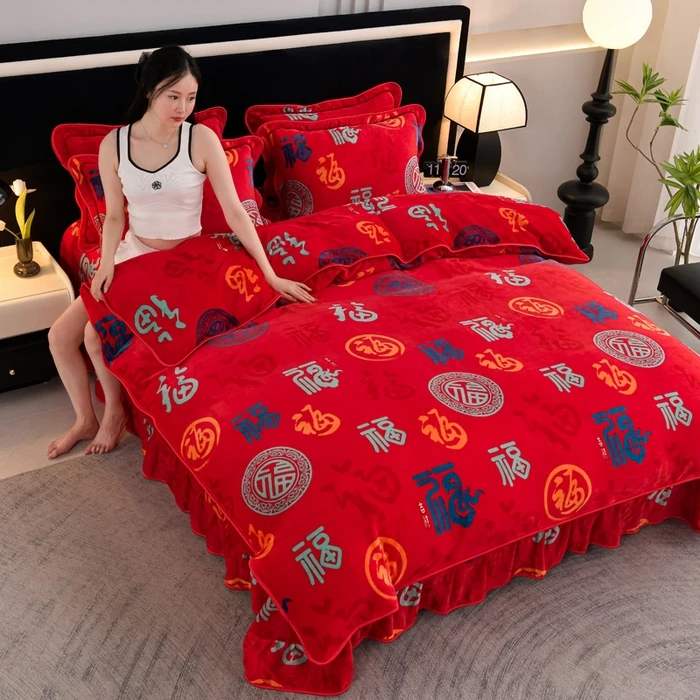 2025新款7斤牛奶绒金貂法莱绒床裙款保暖绒四件套百福被套