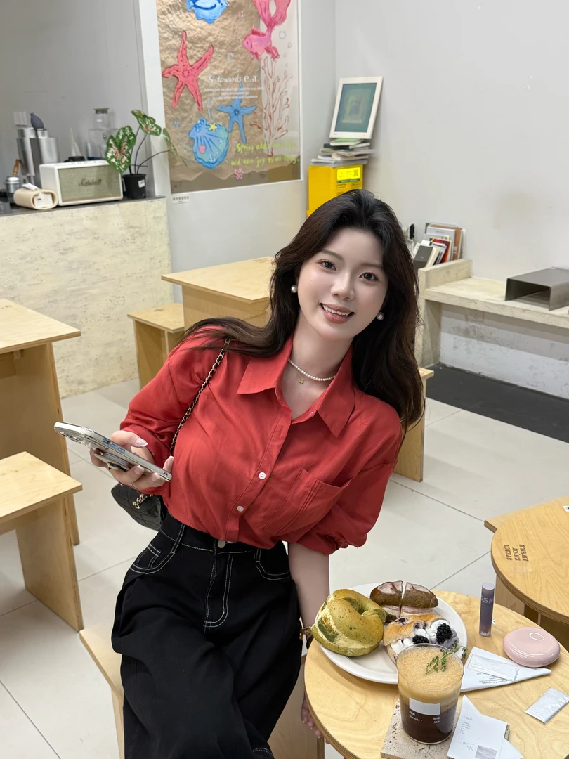 【美丽公式】复古气质亚麻红色翻领衬衫上衣休闲宽松小众长袖衬衣夏