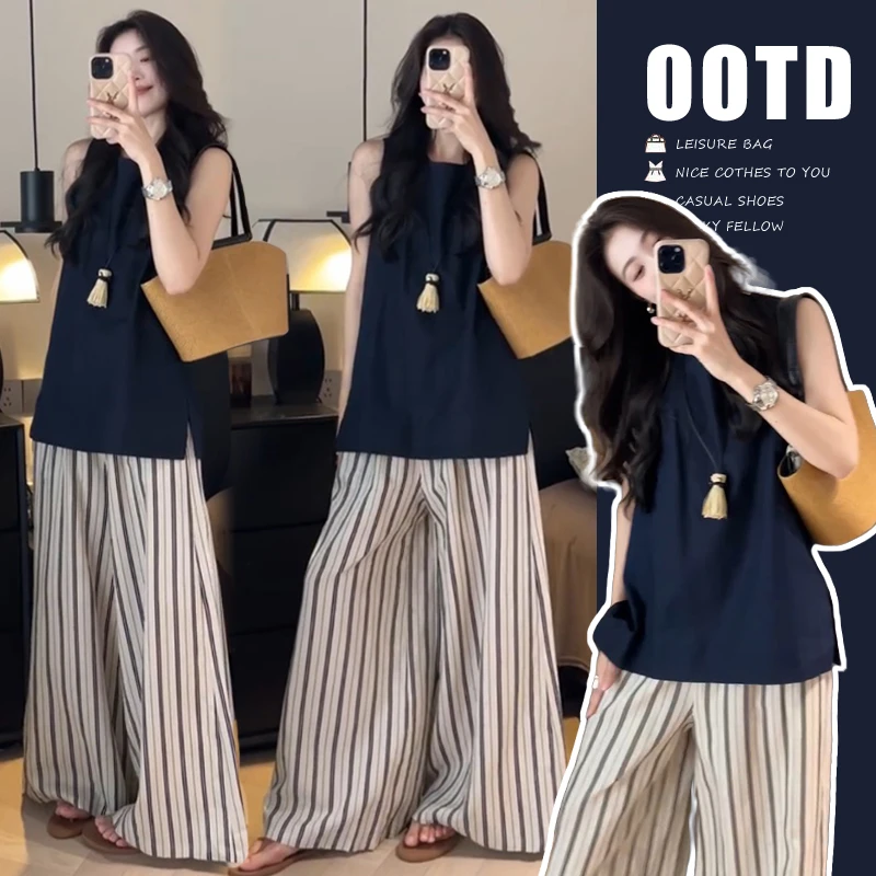 时尚孕妇圆领无袖上衣女夏季新款设计感上衣+竖条纹宽松裤套装