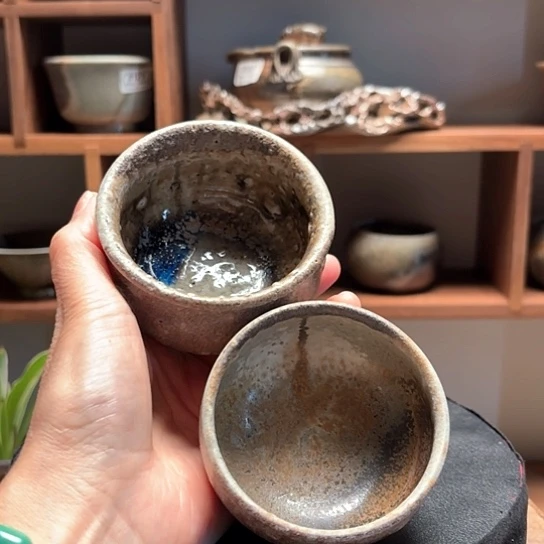 柴烧裸烧窑变蟾蜍纹窑底杯不喜勿拍体验对杯