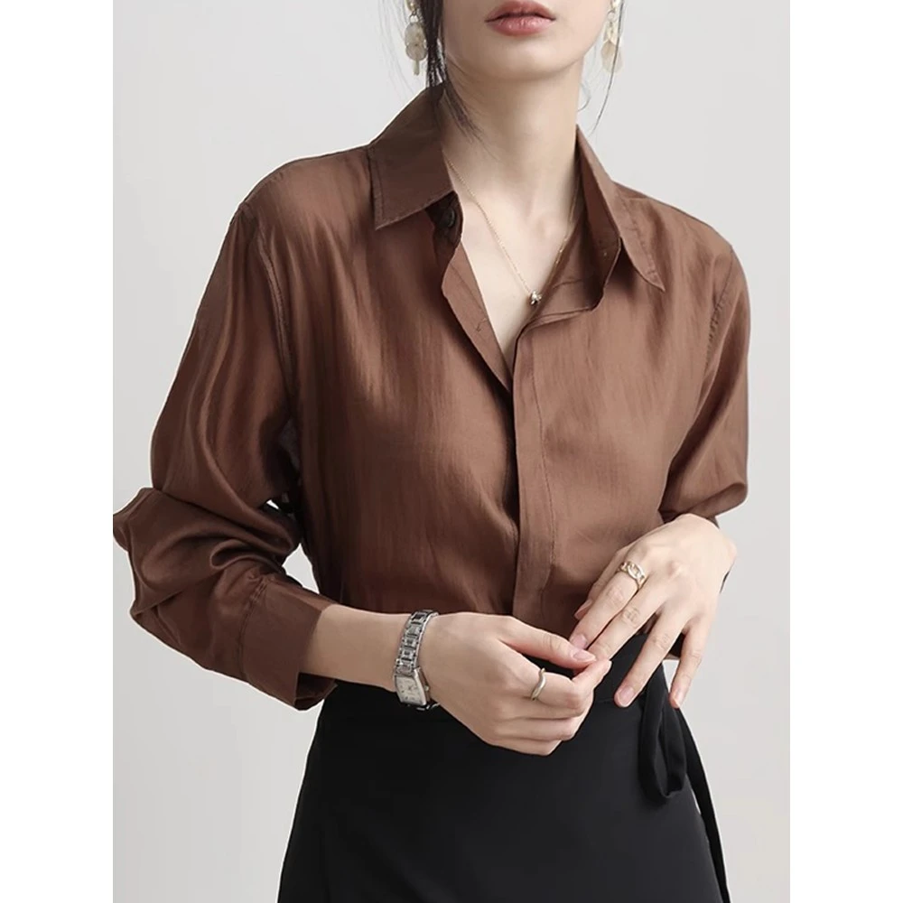 休闲棉咖色衬衫女春秋高级感轻奢薄款衬衣法式独特漂亮超好看上衣