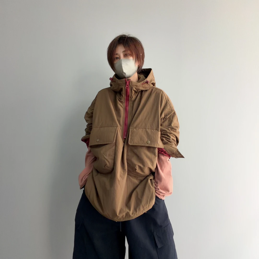 S088 配色拉链设计连帽套头薄棉服宽松休闲百搭复古洗水色泽街拍