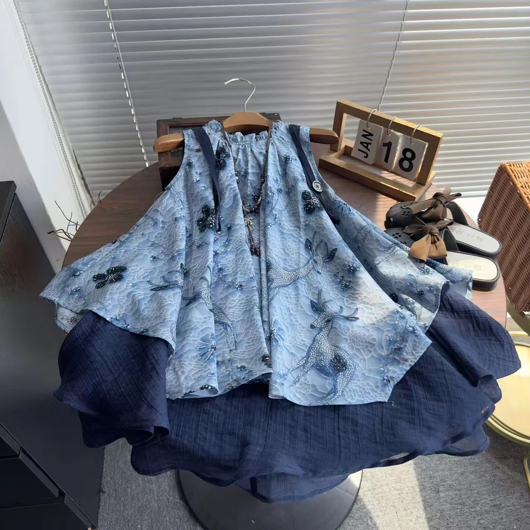 女童法式连衣裙夏季韩版儿童洋气裙子小女孩百搭无袖印花背心裙