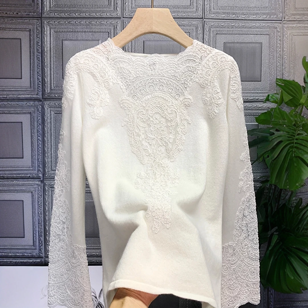 法式仙女宫廷风2025春季新款蕾丝绣花长袖针织衫外穿薄毛衣打底女