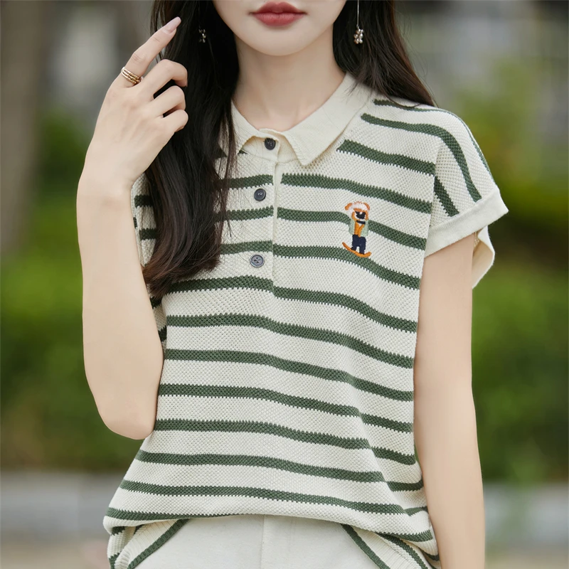 夏季翻领刺绣提花条纹针织宽松薄款短袖可机洗不起球
