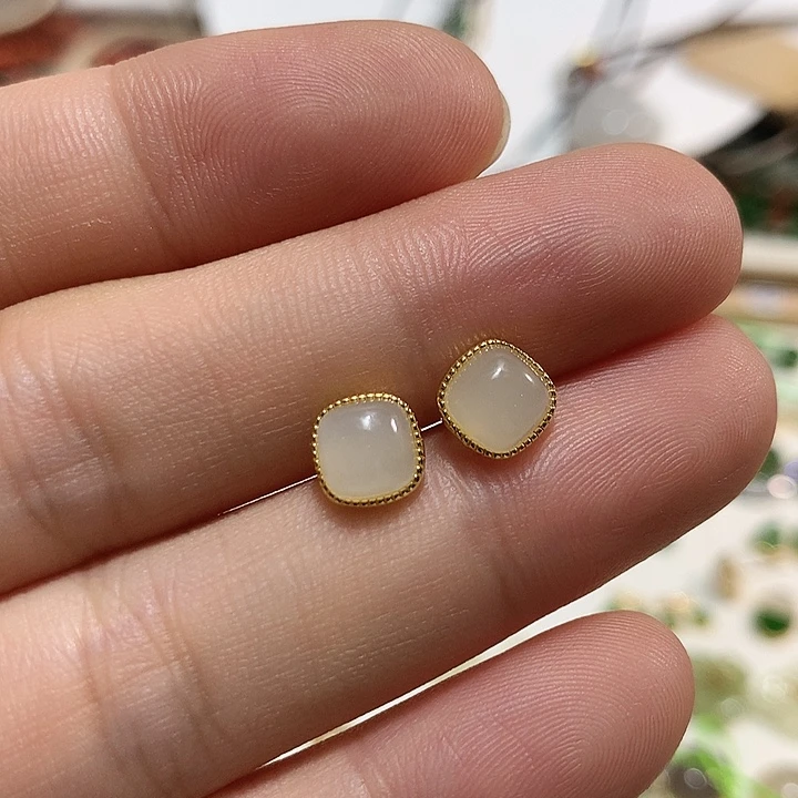 银S925镀金镶嵌和田玉（白玉）耳饰