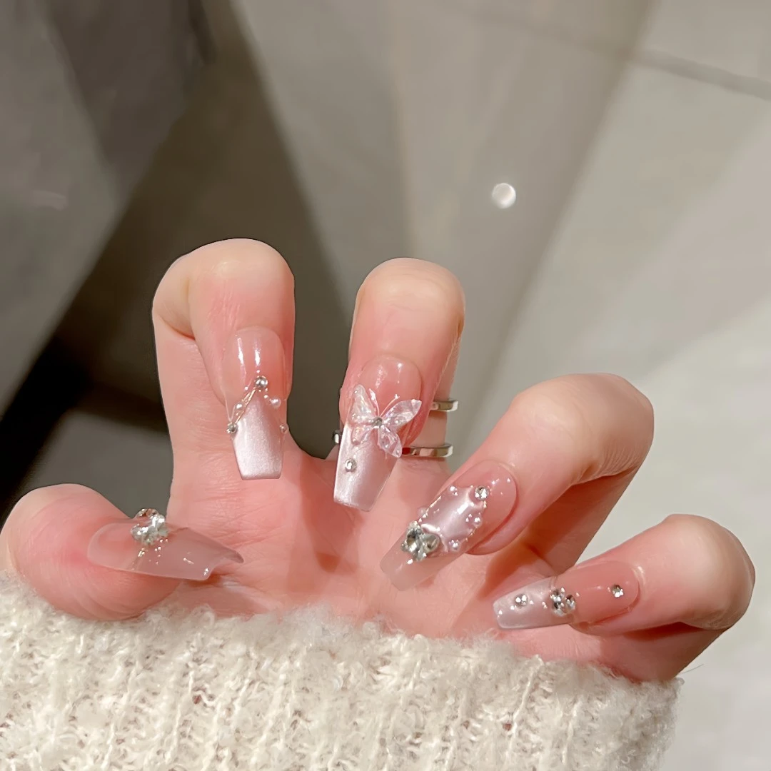 【月光银蝶】春季纯手工穿戴甲蝴蝶猫眼光疗甲美甲贴片可拆卸10片装