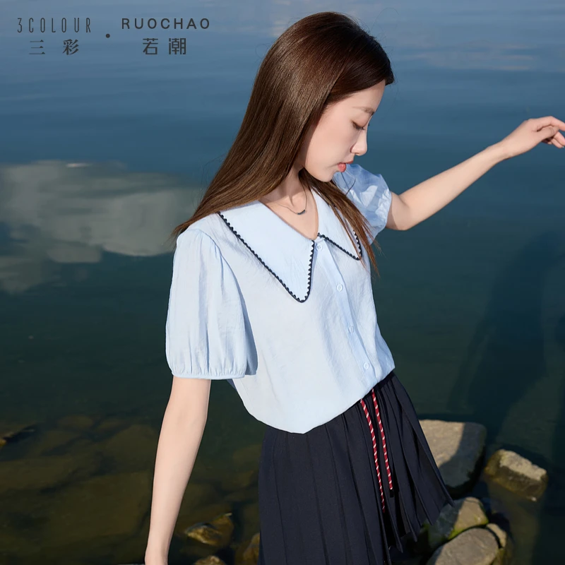 【商城专享】三彩大码女装夏新款贝壳绣翻领衬衫短袖清新休闲