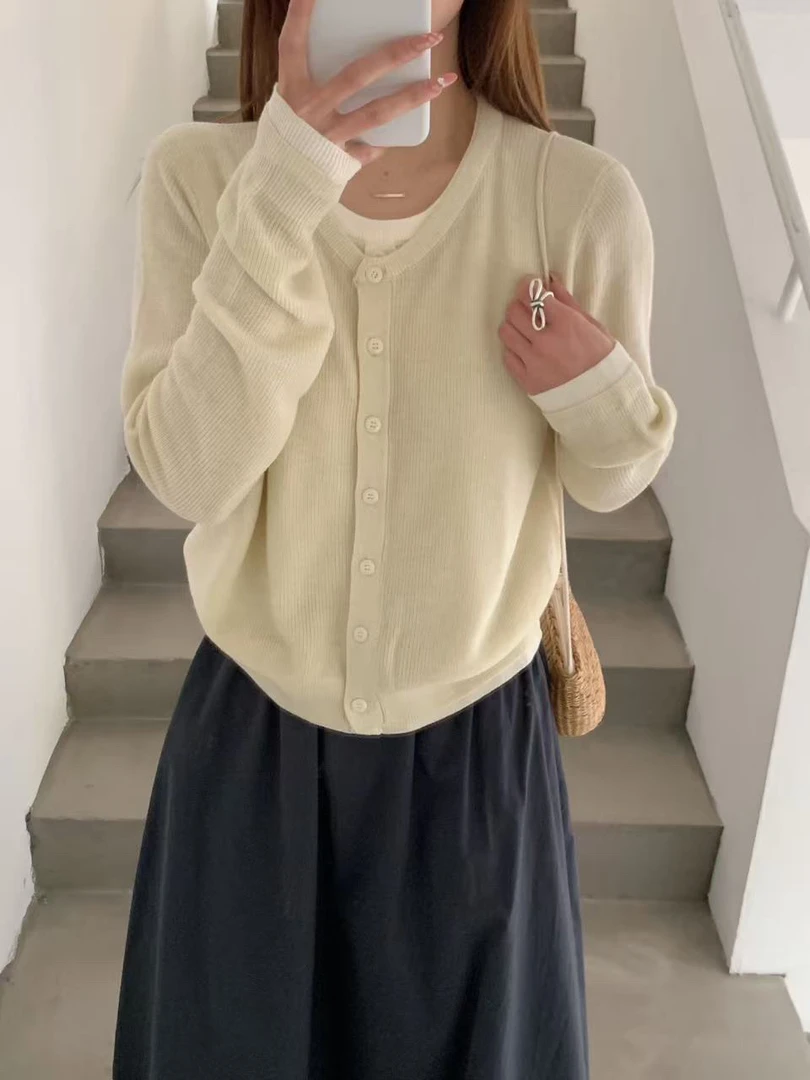 U粒@0641 韩系简约百搭假两件针织衫 2-18