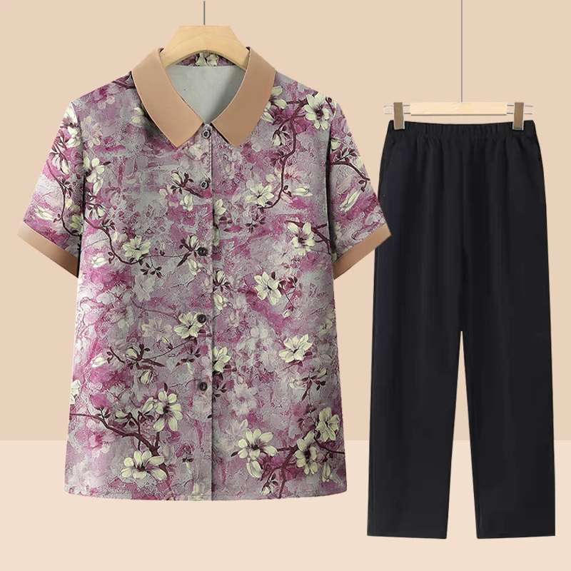 夏装妈妈翻领衬衣中老年人女装夏季短袖老太太衣服衬衣奶奶装薄款