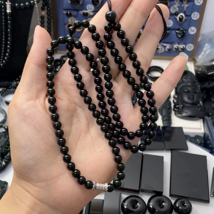馥***丶未镶嵌手链翡翠缅甸墨翠珠链卡5.9mm108颗