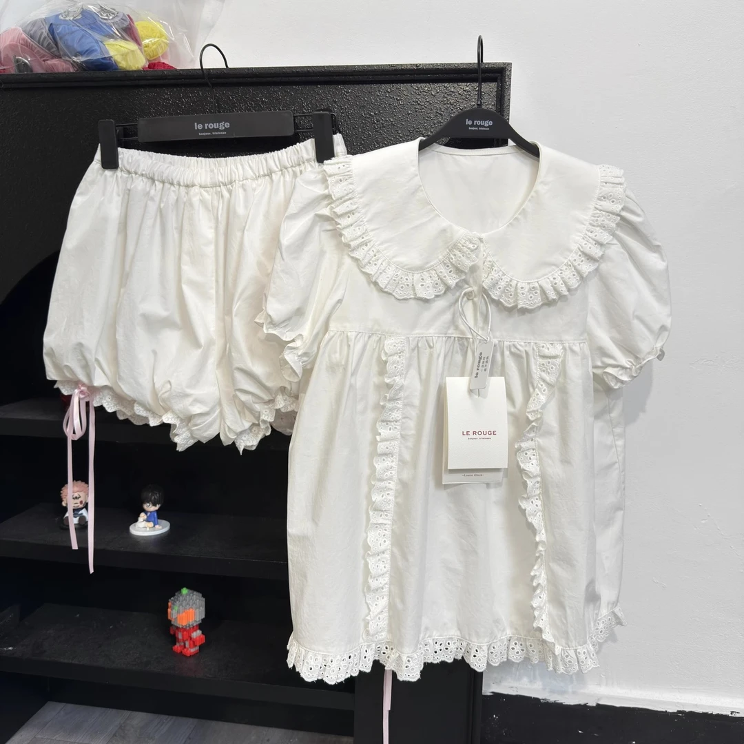 le rouge周美美 girl core核心少女蕾丝娃娃领衬衫丝带花苞裤套装