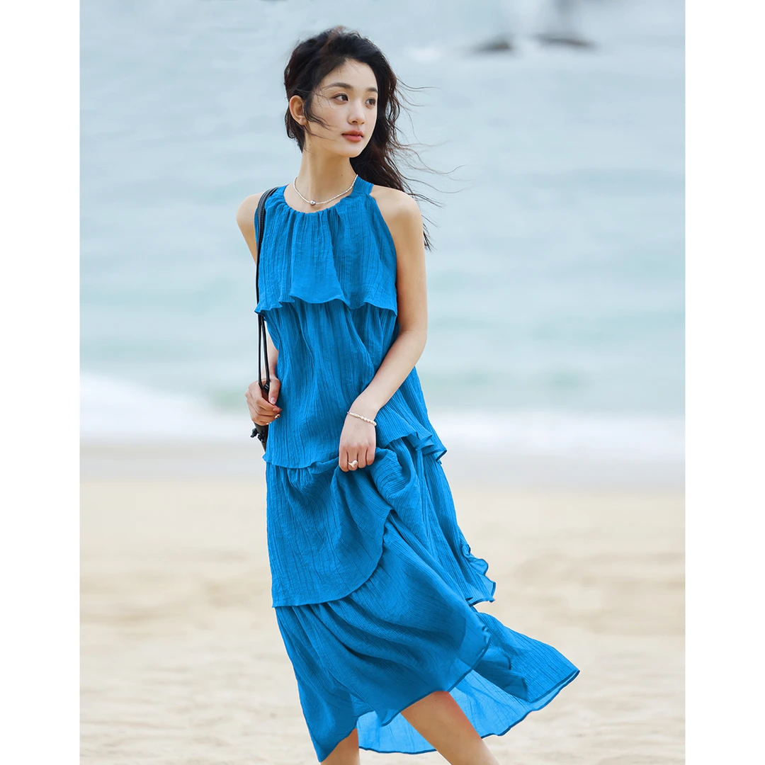 dme德·玛纳层次感吊带连衣裙度假风复古砖红色气质蛋糕裙