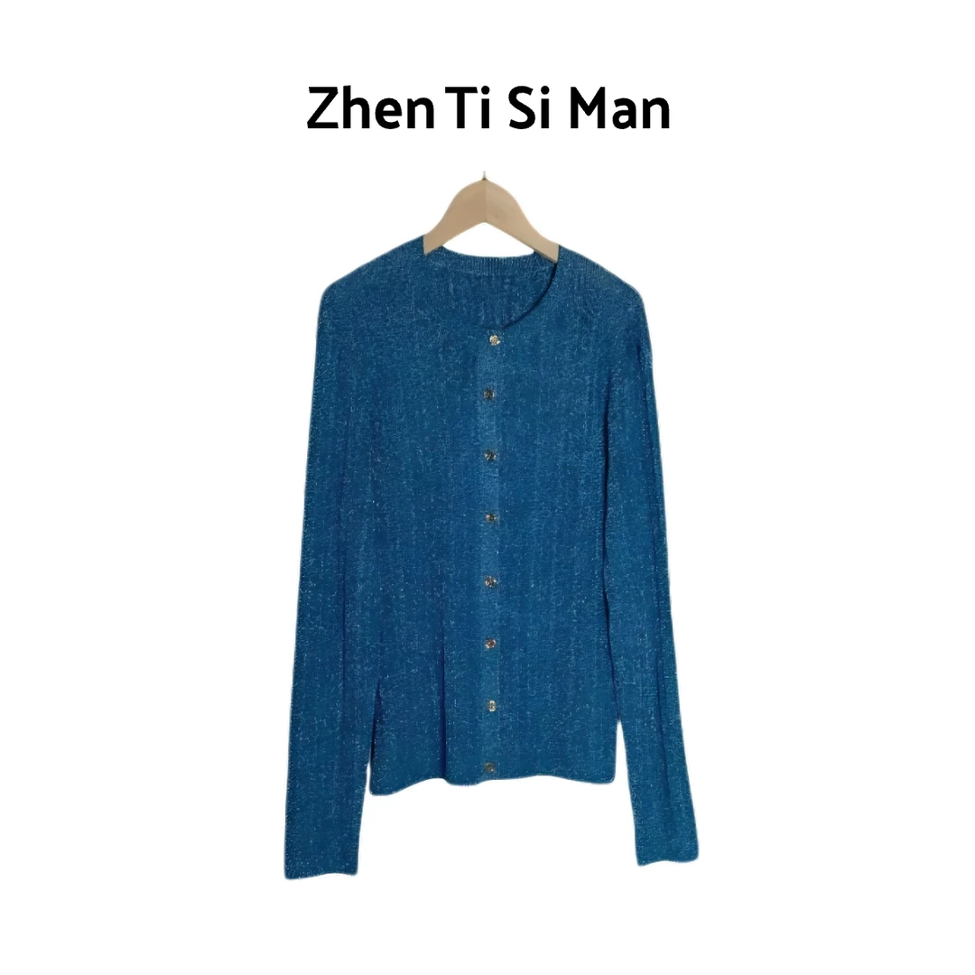 ZHENTISIMAN意大利水晶纱女士百搭轻奢修身v领开衫修身