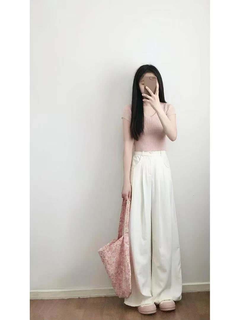 【桃颜】夏季时尚韩系粉色V领针织短袖T恤上衣高腰白色休闲西装长裤