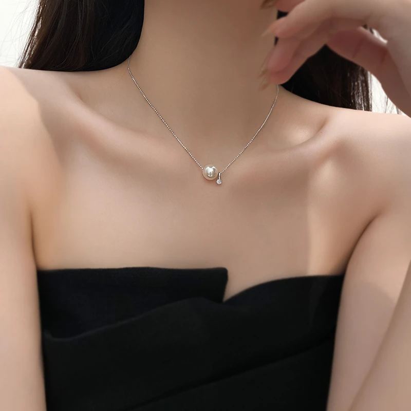吊坠925银仿珍珠925纯银项链女珠珠闪锆轻奢小众高级气质锁骨链