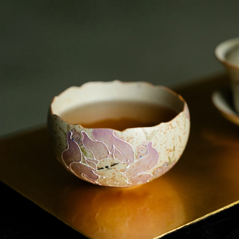 赞朴陶瓷茶盏主人杯火石红纯手绘九尾仙狐蛋壳杯家用中式泡茶杯子