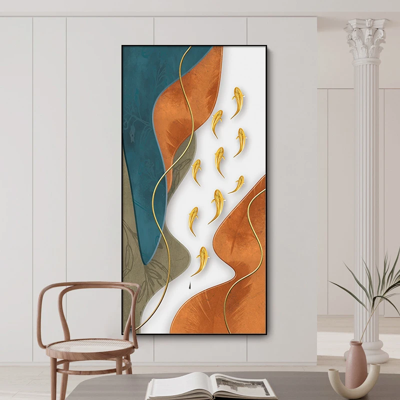 轻奢风抽象九鱼图客厅玄关喷绘油画布晶瓷有框中式艺术防水装饰画