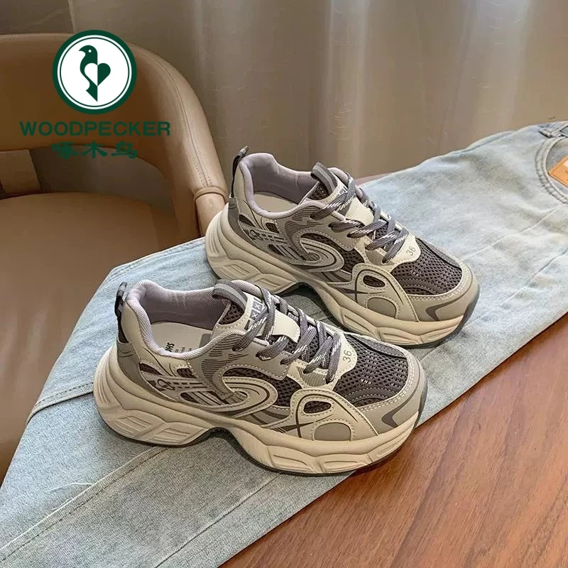 啄木鸟透气老爹鞋女厚底2025春季新款轻便舒适时尚爆款休闲运动鞋