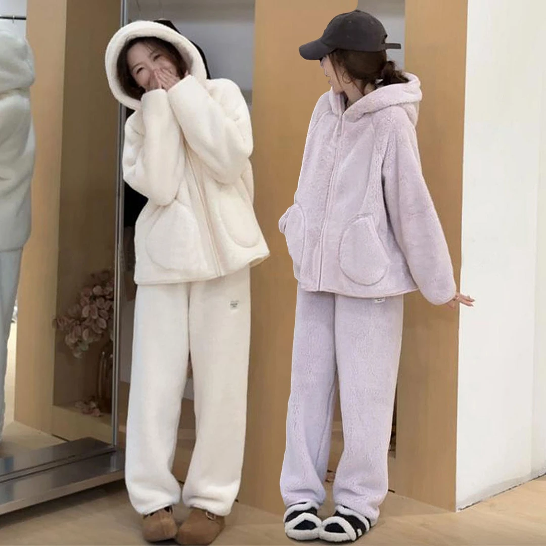欧货两件套双面珊瑚绒睡衣2025秋冬新款立领家居服毛茸茸连帽外套