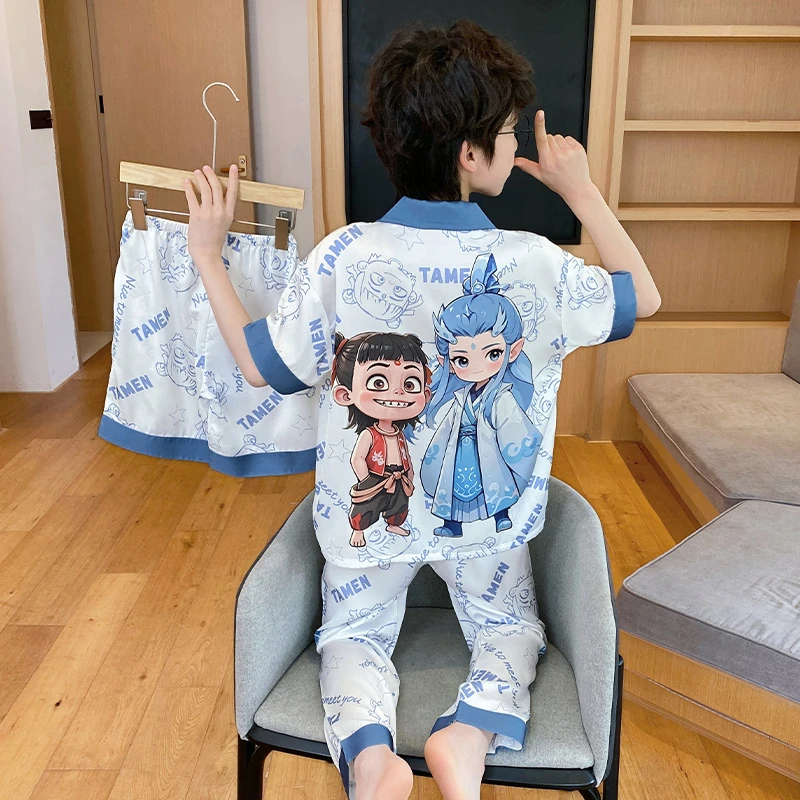 儿童睡衣夏季冰丝短袖男童三件套青少年2025新款男孩家居服夏天款