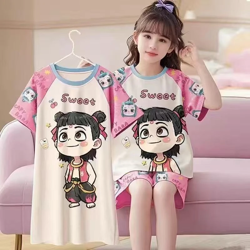 三件套新款哪吒睡衣短袖睡裙儿童睡衣6到15岁洋气卡通家居服套装