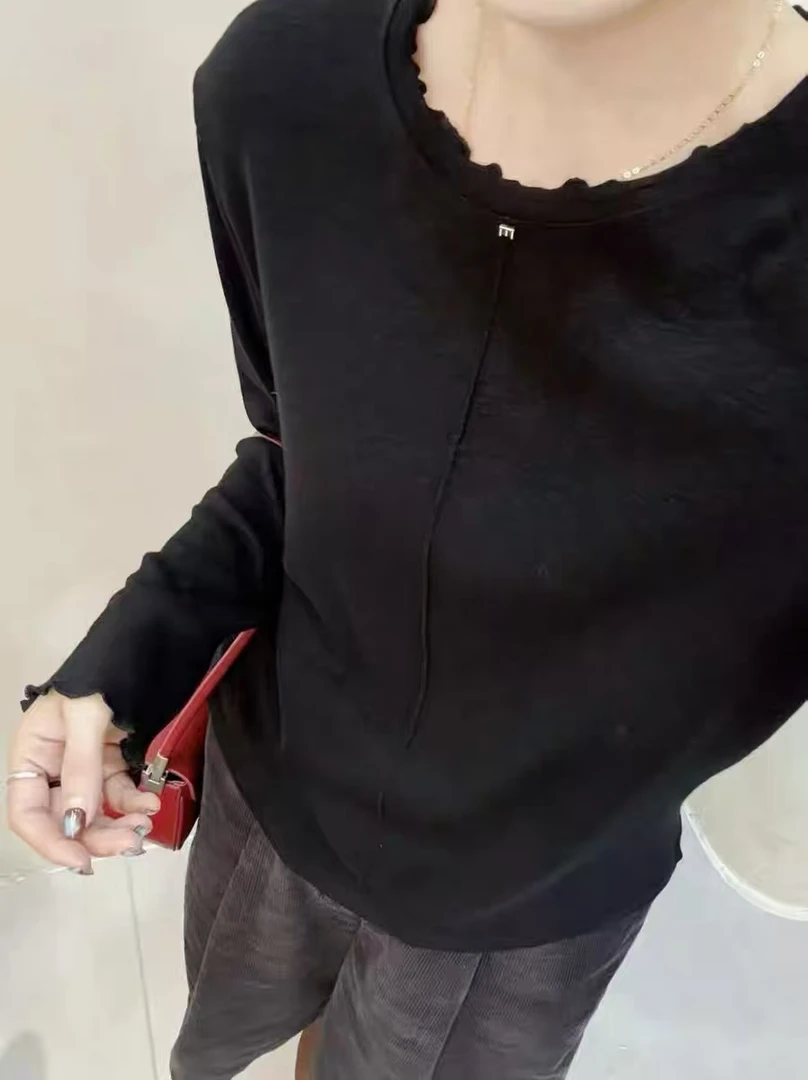 欧货圆领字母装饰长袖T恤女木耳边百搭显瘦休闲打底衫上衣