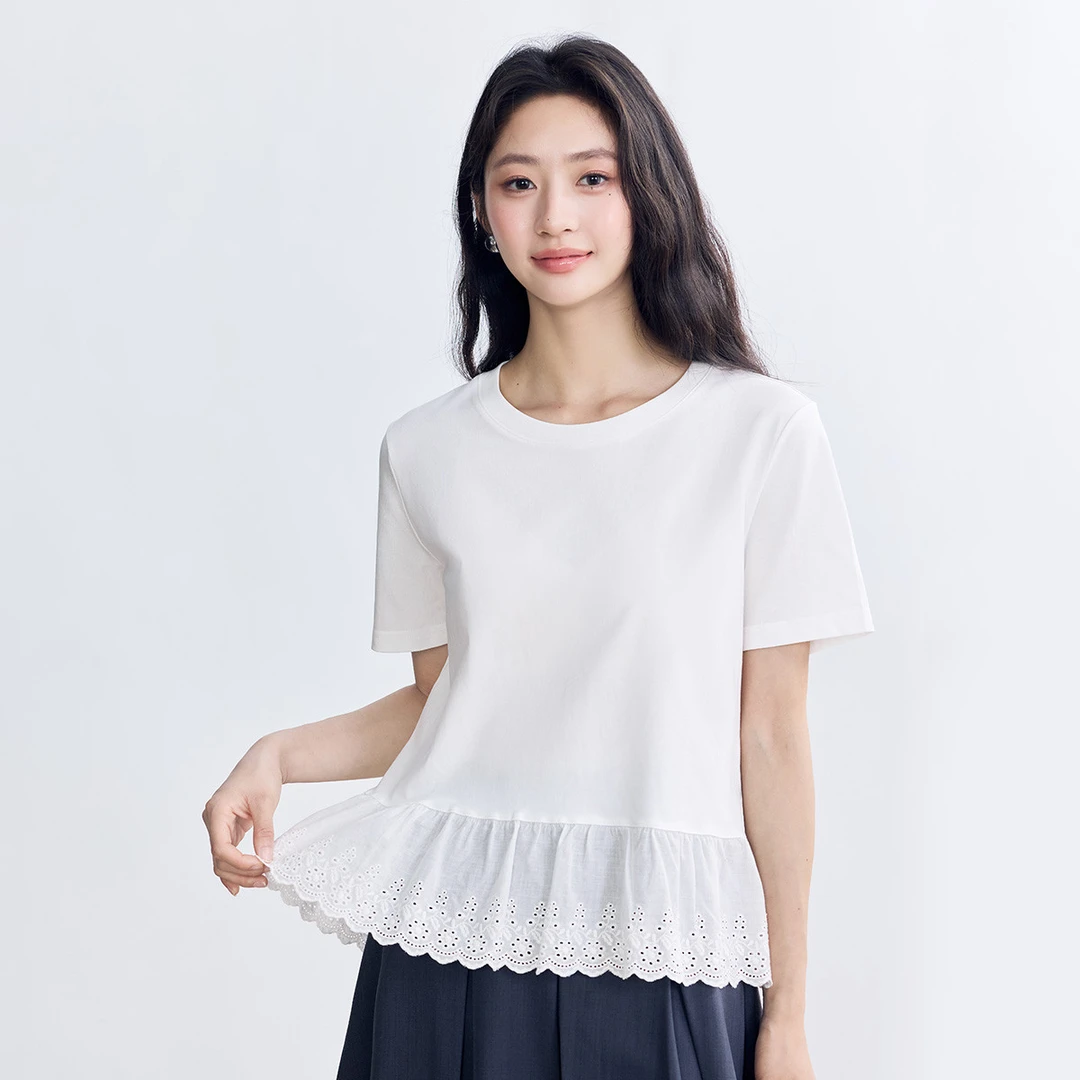 纯棉法式花边短袖白T恤女2025夏季百搭极简风休闲舒适上衣