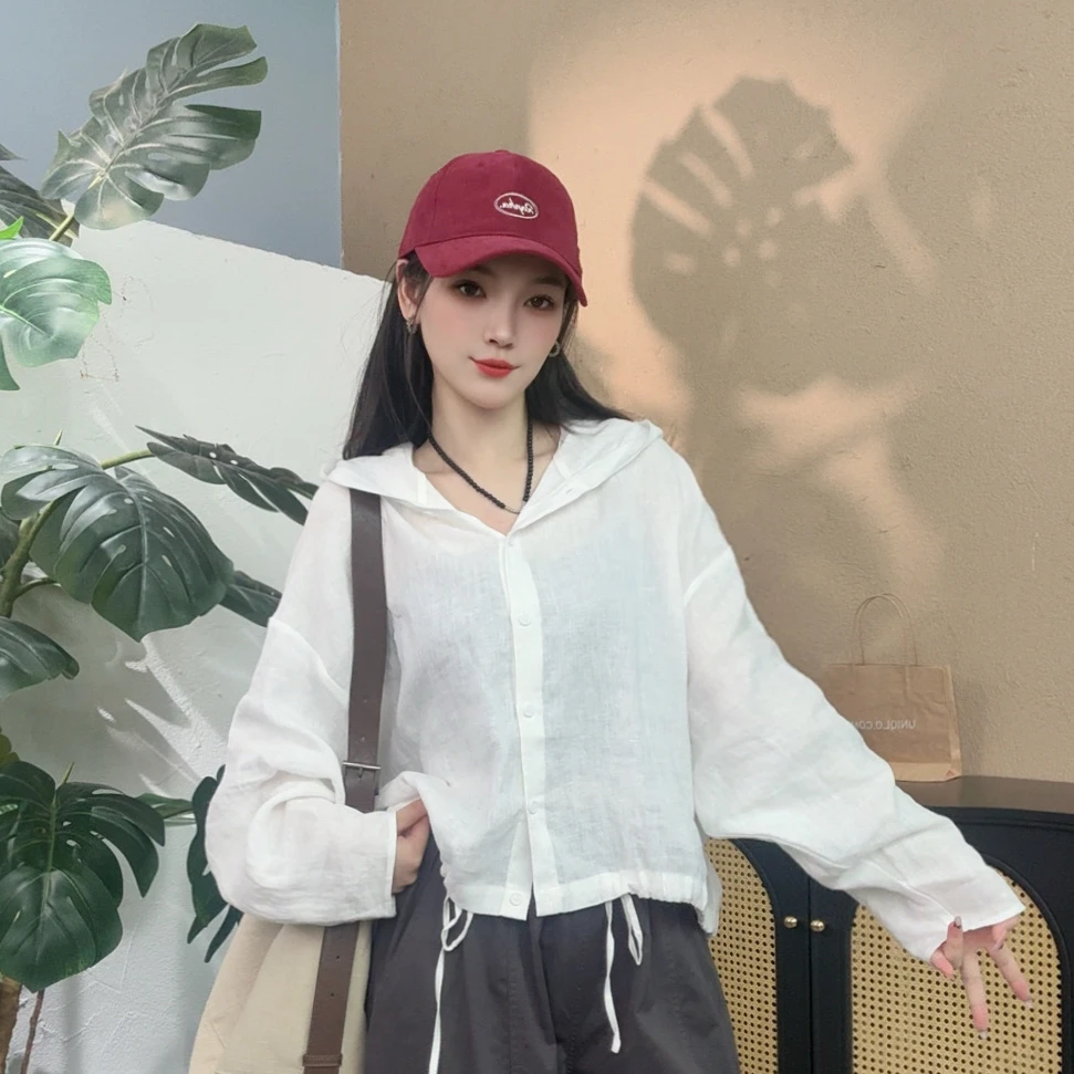 【SI MO】2693慵懒松弛感显瘦遮肉亚麻连帽衬衫