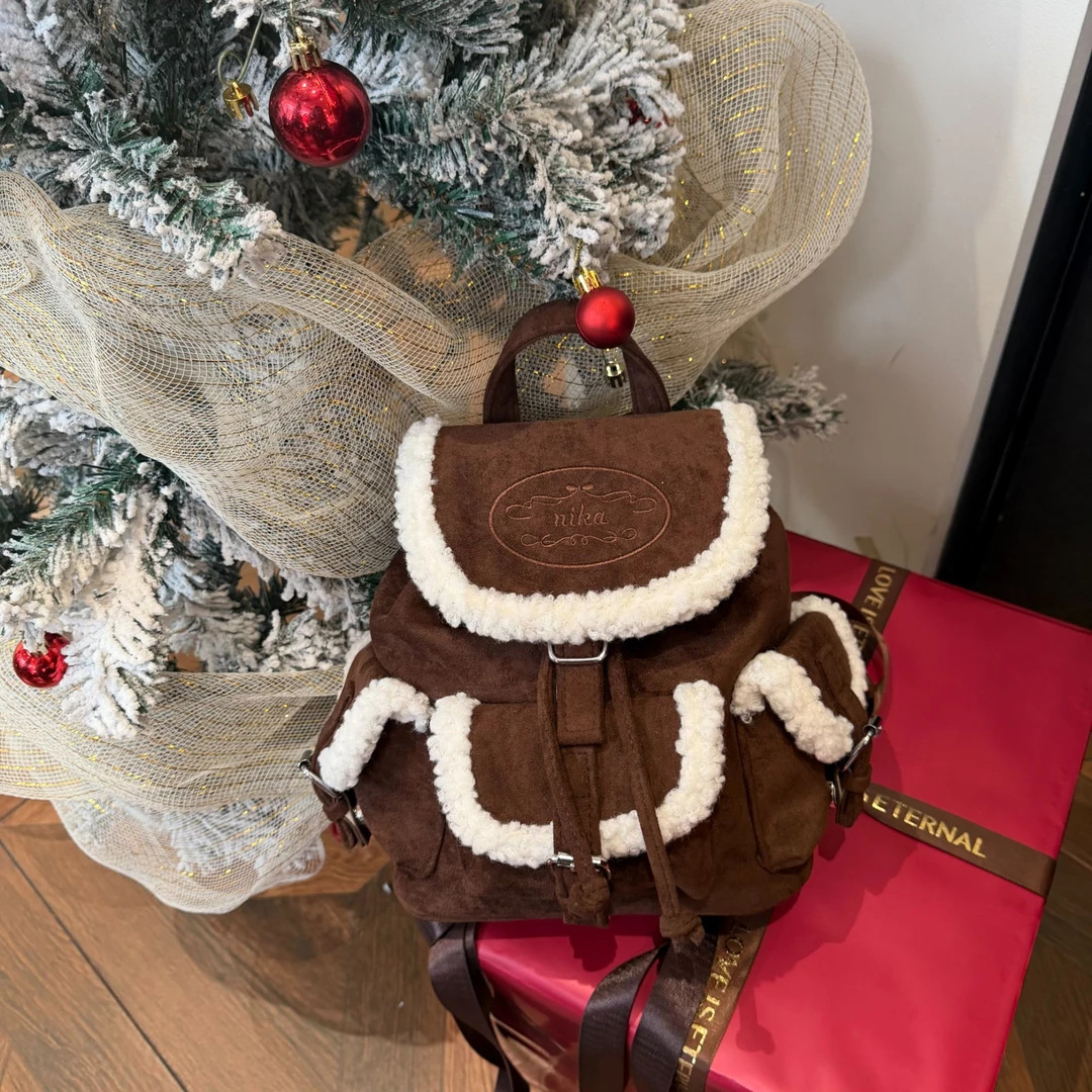 冬季羊羔毛绒麂皮双肩包包女2025新款轻奢小众高级感日常通勤背包