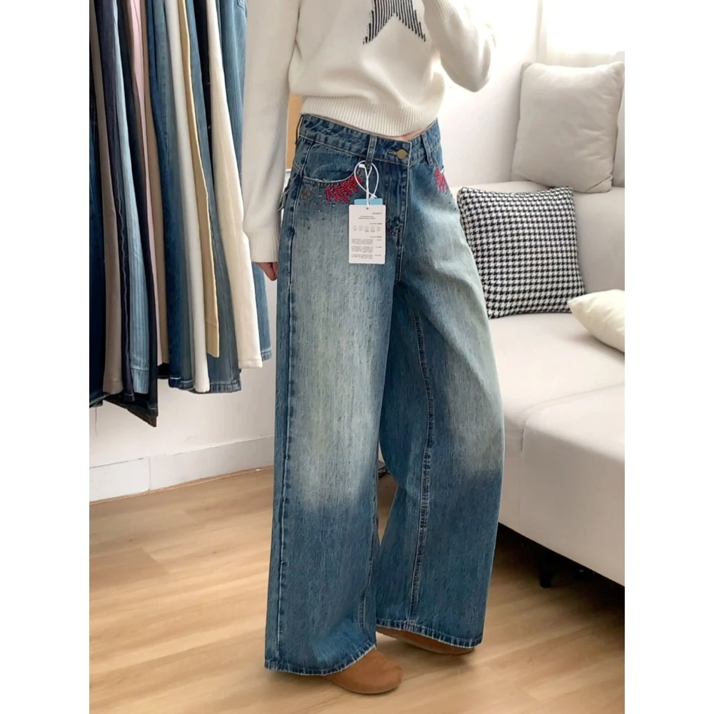 美式复古烫钉烫钻重工牛仔裤女2025冬季新款水洗宽松显瘦阔腿裤子