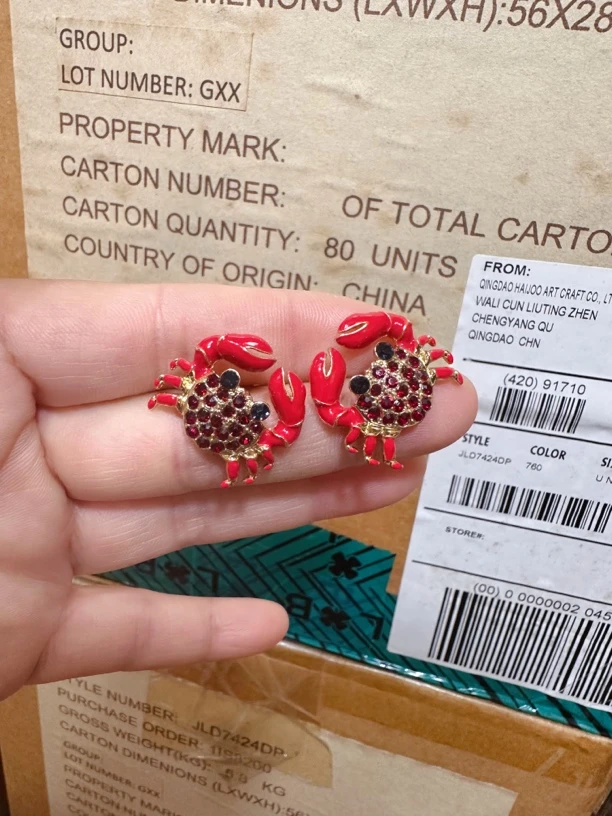 铜合金珐琅耳饰 精致可爱螃蟹耳钉小众时尚百搭红色镶嵌宝石耳环