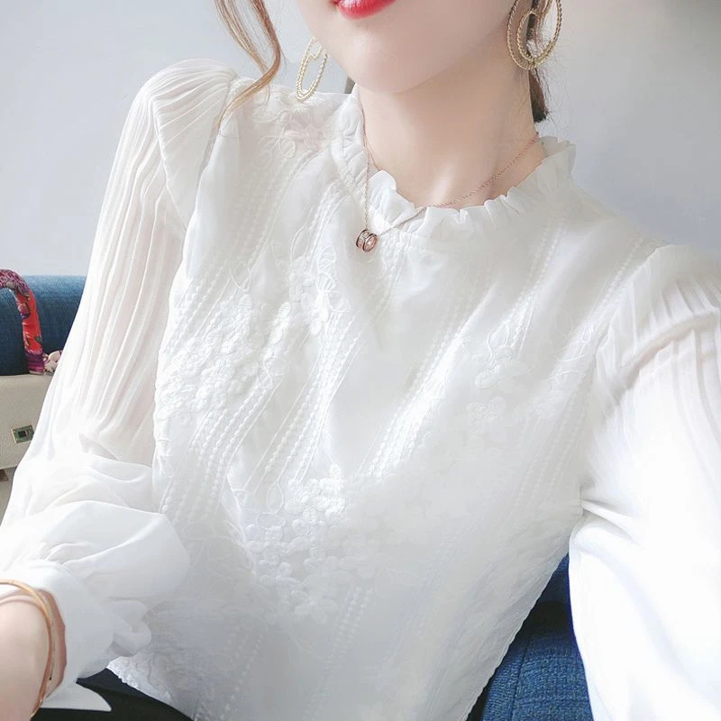 白衬衫女荷叶边领2025春秋新款韩版雪纺衬衫女人味长袖上衣小衫潮