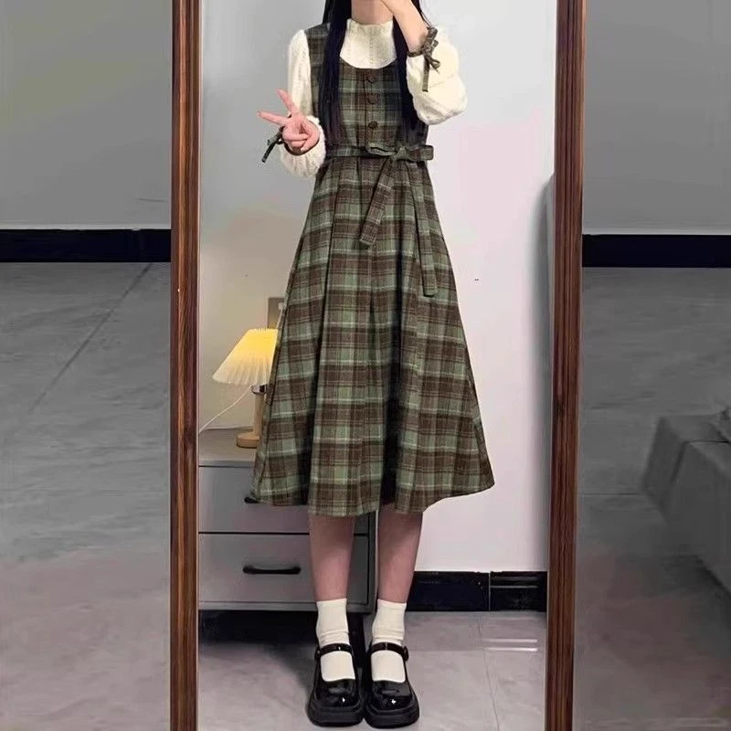 绿格森系复古假两件泡泡袖连衣裙收腰拼接显瘦长裙子女学生春秋季