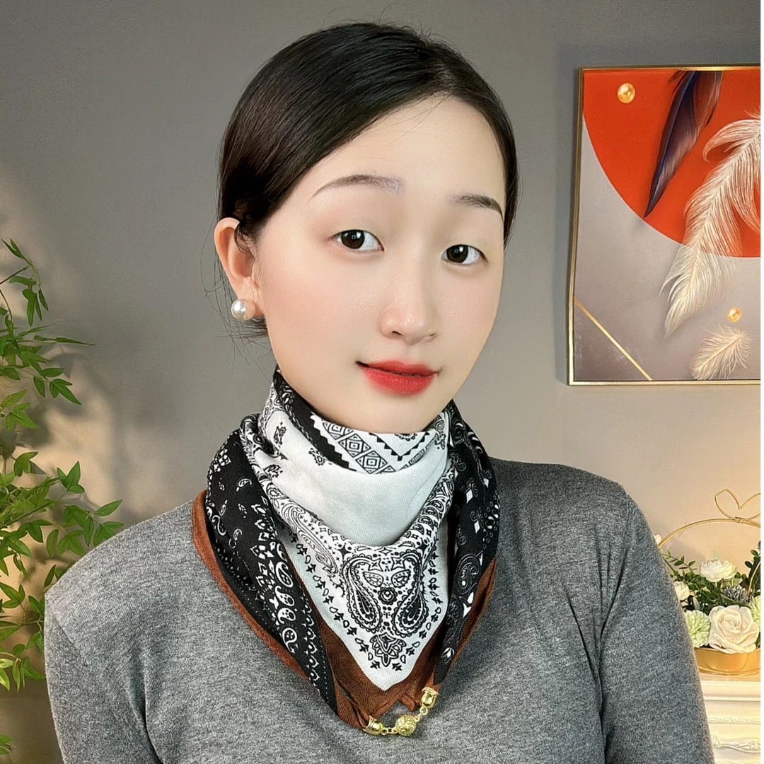 新款65x65方巾磁吸吊坠百搭时尚多功能护颈围巾薄款网红百变丝巾
