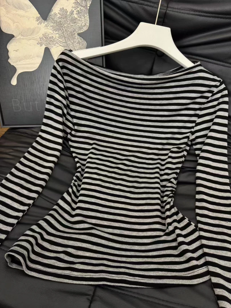 初秋美式辣妹一字肩条纹长袖t恤设计感小众修身纯欲露肩上衣