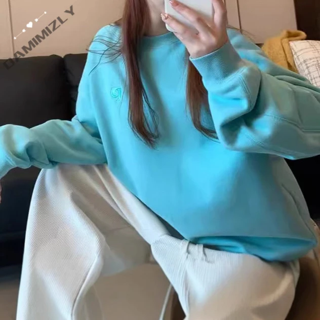 韩国东大门秋季新款清水蓝薄绒字母刺绣卫衣韩系显白套头上衣ins