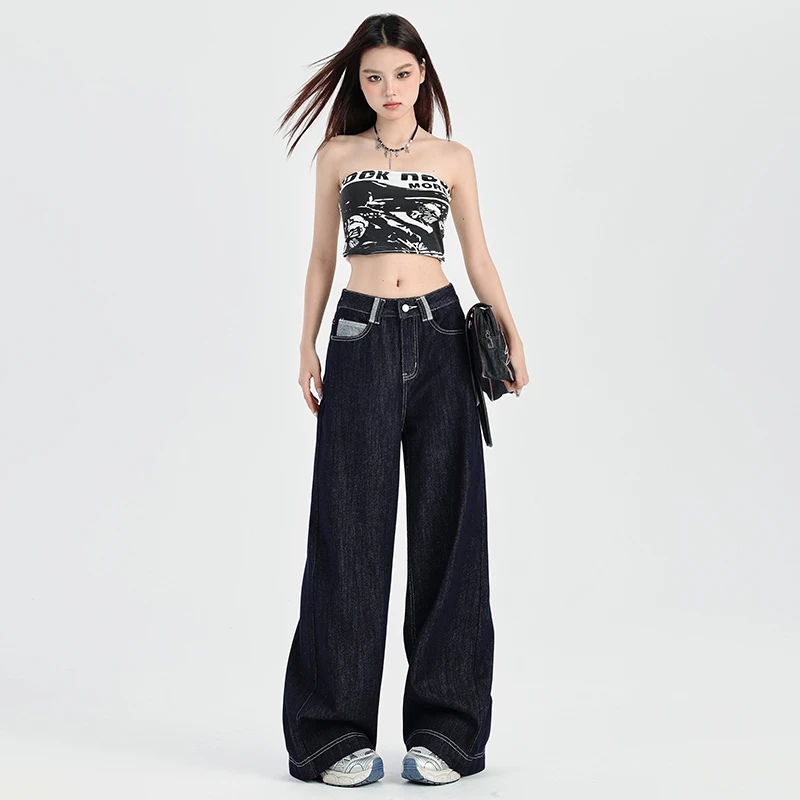 2025秋装深蓝色阔腿牛仔裤女年春季新款高腰复古宽松垂感拖地直筒