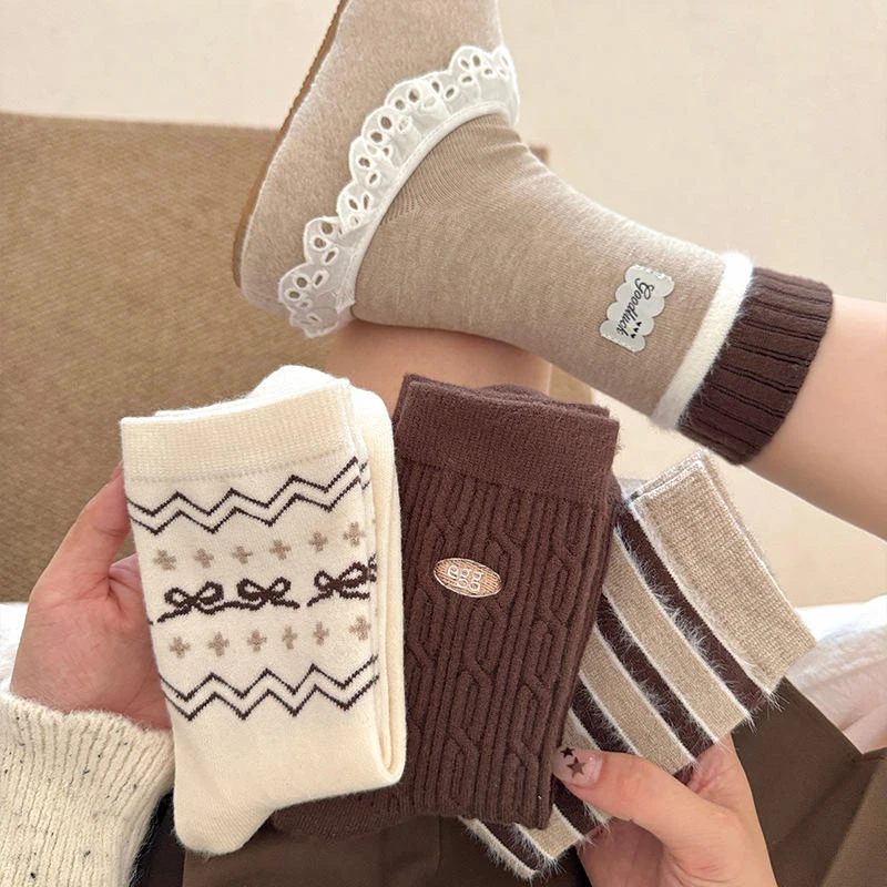 美拉德袜子女秋冬保暖仿羊绒中筒袜拼色条纹堆堆袜复古费尔岛袜子