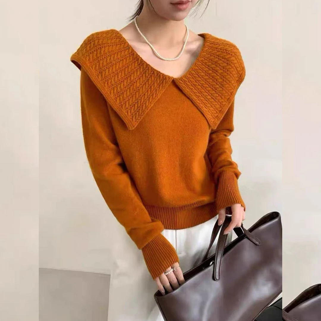 韩系chic灰色大翻领长袖针织衫女2025新款秋季显瘦长袖高级感毛衣