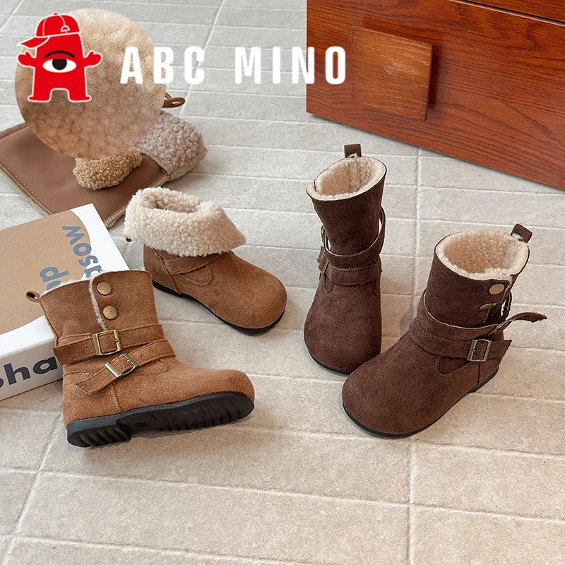 ABC MINO女童鞋子中筒靴2025新款冬季儿童加绒皮靴中大童保暖皮靴