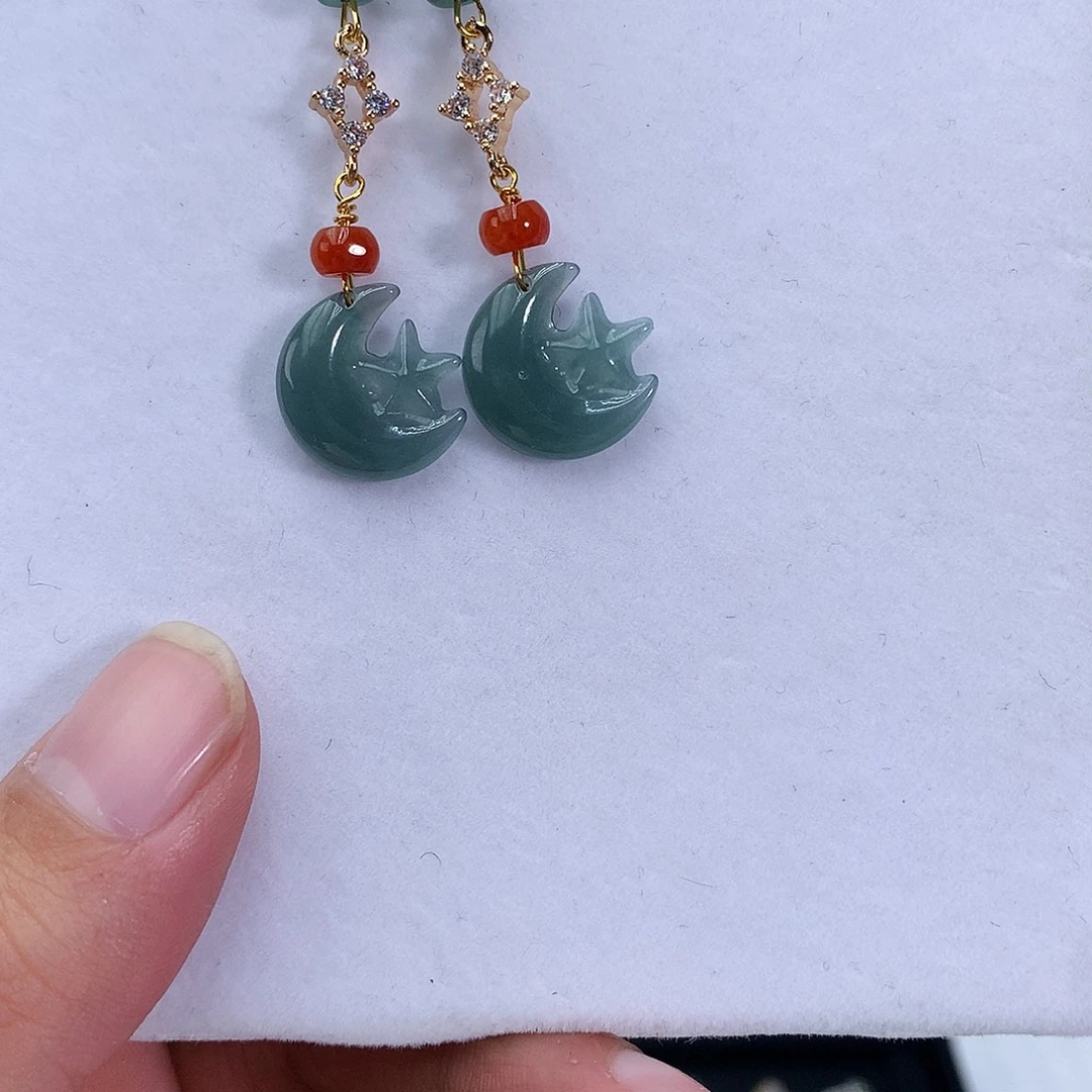 翡翠未镶嵌耳饰星月