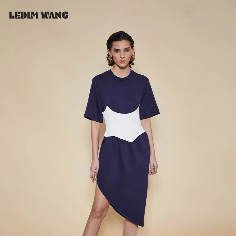 1LEDIM WANG撞色斜摆连衣裙女不规则小众设计可拆卸腰封休闲慵懒
