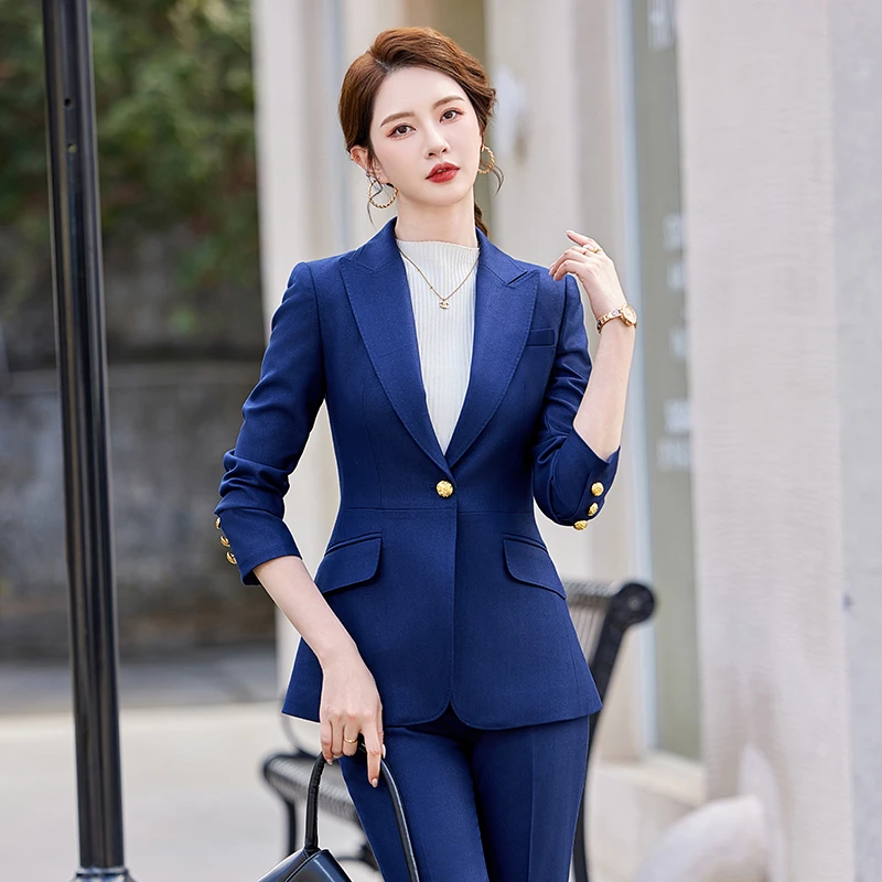 高端藏蓝色西装套装女2025秋冬新款名媛修身气质高级感显瘦两件套