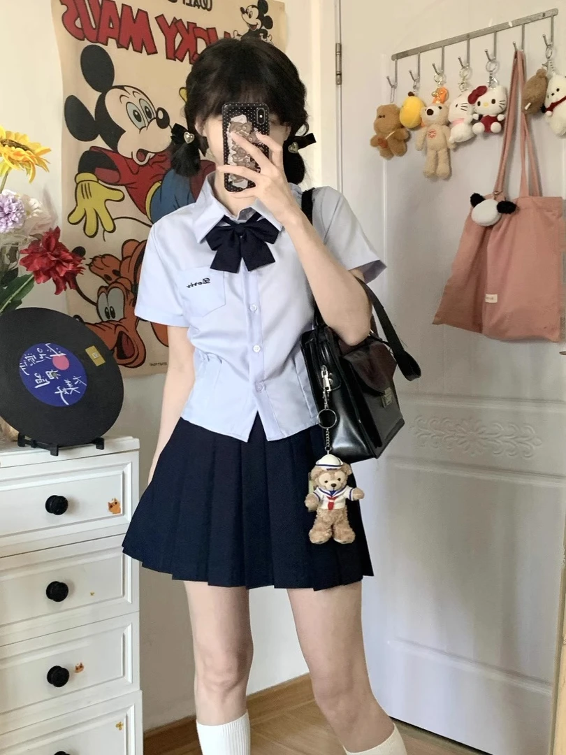 原创jk制服收腰衬衫学院风上衣短袖泰式白色衬衣女polo领t恤女