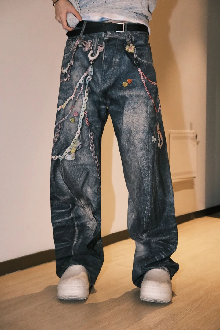 【黑黑专属】3D数码链条错觉印花牛仔裤2006M版型弯刀做旧长裤